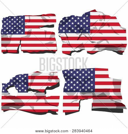 Set Of Four Flags, Illustration Of Torn Flags, United States Of America Flag, Vector Isolated On Whi