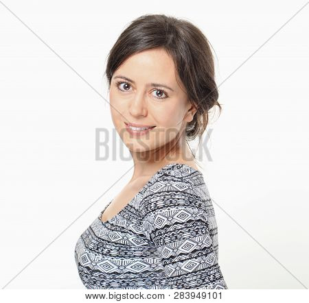 Assured Pretty Woman Posing Side Isolated On White