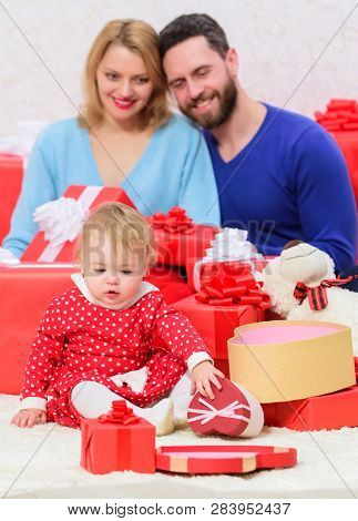 Enjoying Happy Moments. Valentines Day. Red Boxes. Shopping Online. Love And Trust In Family. Bearde