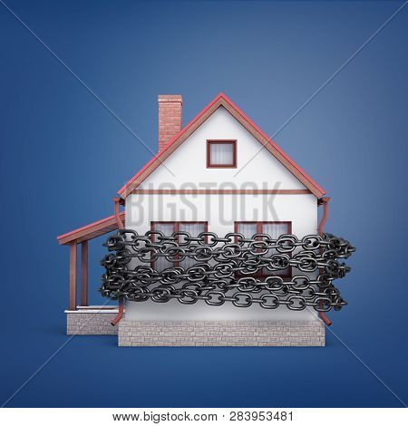 3d Rendering Of A White Detached House Bound In Dark-grey Chains Covering Its Door And Windows.