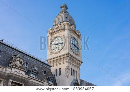 Clock Tower Of Of Station Gare De Lyon- Is One Of The Oldest And Most Beautiful Train Stations In Pa