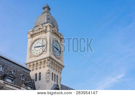 Clock Tower Of Of Station Gare De Lyon- Is One Of The Oldest And Most Beautiful Train Stations In Pa