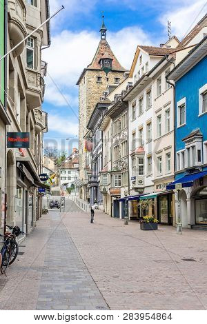 Schaffhausen, Switzerland - April 15, 2018: View Of The Vordergasse Street In The Swiss City Schaffh