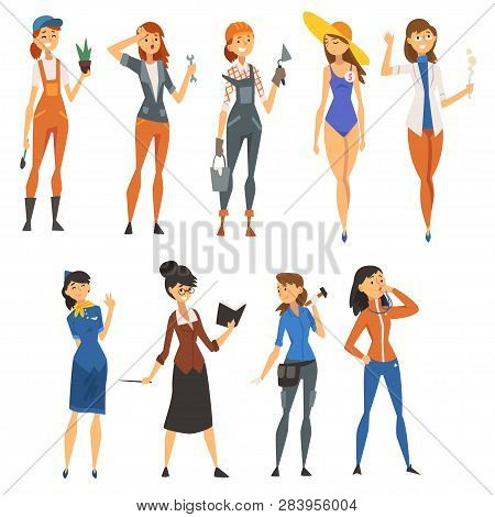 Women Of Different Professions Set, Gardner, Construction Worker, Model, Stewardess, Coach, Teacher 