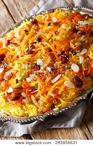 Javaher Polow (jeweled Rice) Is A Traditional Persian Rice Dish Closeup On A Plate. Vertical