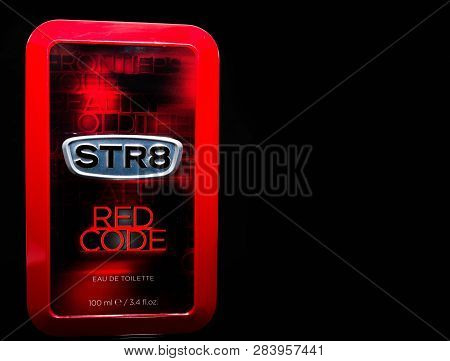Miercurea Ciuc, Romania- 13 February 2019: Str8 Red Code Perfume Isolated On Black Background.