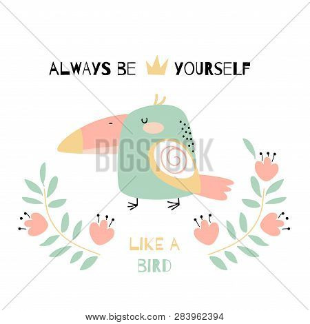 Card With Doodle Tucan And Motivation Phrase. Hand Drawn Funny Bird Vector Illustration