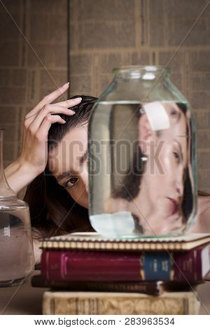 Beauty Portrait Of Girl With Water And Reflections. Hight Quality Retouching Photo. Fashion Model.