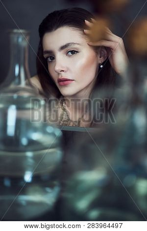 Beauty Portrait Of Girl With Water And Reflections. Hight Quality Retouching Photo. Fashion Model.