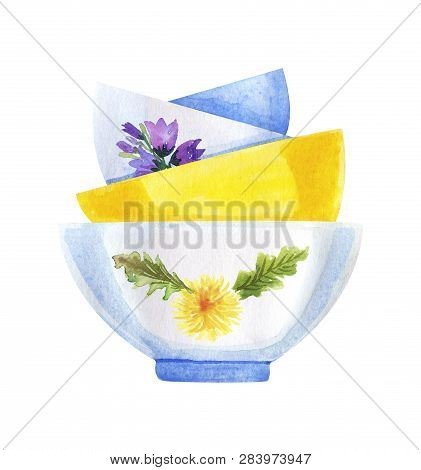 Watercolor Bowl Set With Flowers Isolated On White