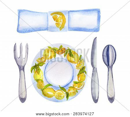Watercolor Table Setting With Lemons On White