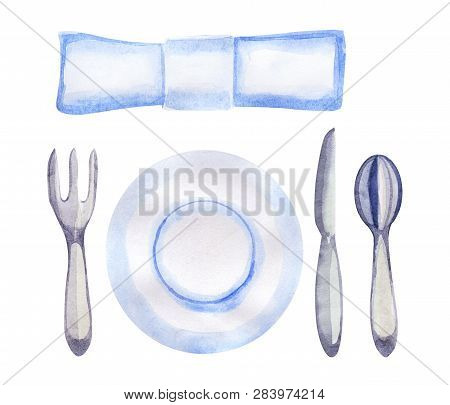 Watercolor Table Setting Isolated On White Background
