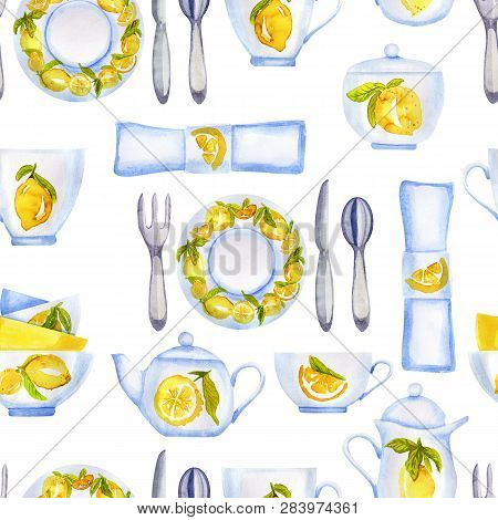 Watercolor Pattern With Lemons Tea Set On White