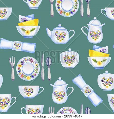 Watercolor Pattern With Decorated Tea Set On Green
