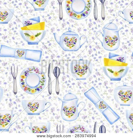 Watercolor Pattern With Decorated Tea Set On Floral Background