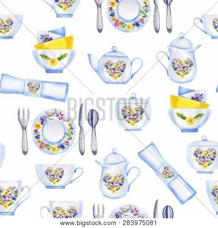 Watercolor Pattern With Floral Tea Set On White