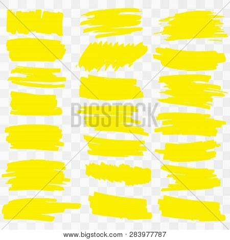 Yellow Highlighter Marker Strokes. Vector Brush Pen Underline Lines. Yellow Watercolor Hand Drawn Hi
