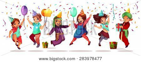 Children Of Different Nationality Celebrating Birthday Or Holiday With Color Balloons, Gifts And Con