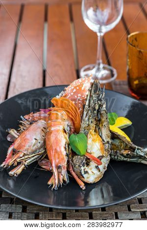 seafood platter delicious grilled prawn; rock lobster and red crab