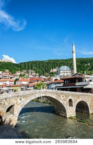 Old Stone Bridge And Cityscape View In The Historic Center Of Prizren, Kosovo