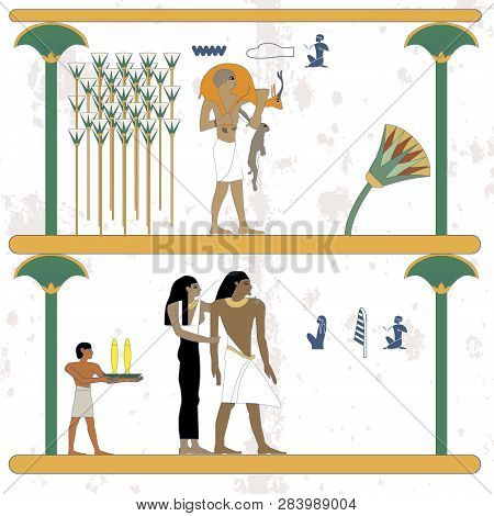 Ancient Egypt Background. Man Returns From Hunting With Prey. Egypt Family Resting At Our Home. Hist