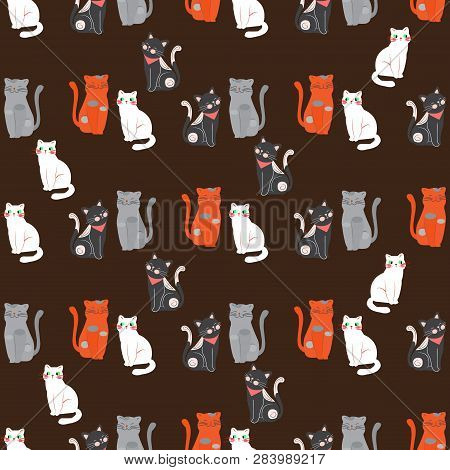 Vector Illustration, Cat Seamless Pattern, Various Types Of Cute Cat Cartoon On Dark Background . It