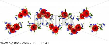 Red Poppies, Cornflowers And Chamomile On White Background. Flat Lay, Top View