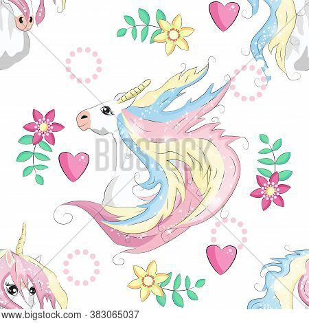 Seamless Pattern With Unicorns, Flovers, Clouds And Stars. Baby Background.
