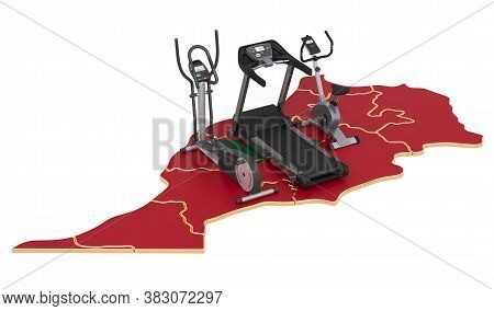 Sport Clubs In Morocco. Fitness, Exercise Equipments On Moroccan Map. 3d Rendering Isolated On White