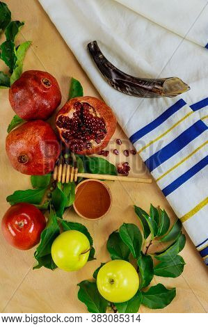 Prayer Talit With Shofar And Traditional Food For Rosh Hashanah. Jewish New Year.