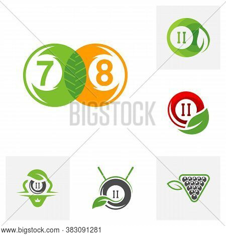 Set Of Green Billiards Logo Design Vector. Sport Labels For Poolroom. Billiards Club Logo Template.