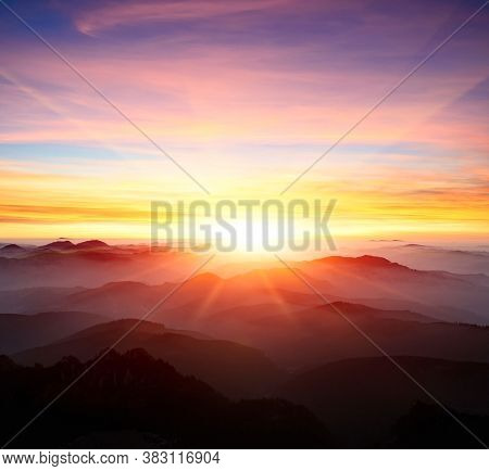 Forest Sunrise Misty Foggy Nature Background. Nature Rain Forest River, Green Forest Stream. Natural