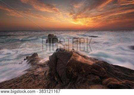 Seascape During Sunrise. Beautiful Natural Seascape. Sea Sunrise At The Black Sea Coast. Magnificent
