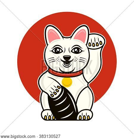 Maneki Neko Traditional Japanese Lucky Cat With Beckoning Paw Vector Illustration In Cartoon Colored