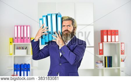 Deadline Concept. Man Carry Folders. Work With Documents. Search Archives. Paperwork. Overloaded Wit