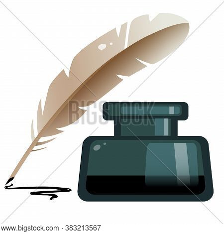 Color Image Of Inkwell With Feather Pen On White Background. Vector Illustration.
