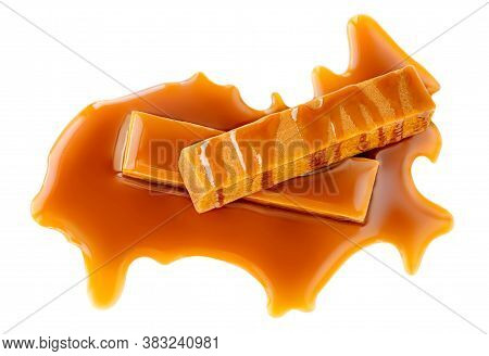 Salted Caramel Chunks  Isolated On White Background. Golden Butterscotch Toffees Caramel Candies.