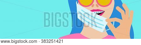 Closeup Smiling Face With Braces And Medical Mask. Quarantine Best Time Ever To Get Bracket. Banner 