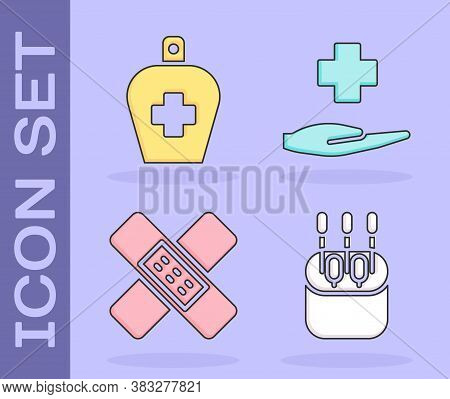 Set Cotton Swab For Ears, Bottle Of Liquid Antibacterial Soap, Crossed Bandage Plaster And Cross Hos