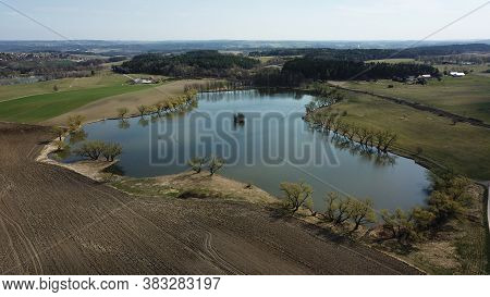 Široký Pond Near Kosov Photographed From The Air In Sunny Weather