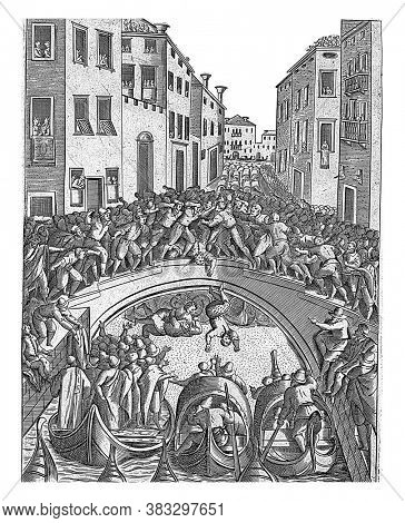Battle on a Bridge in Venice, anonymous, 1610, vintage engraving.