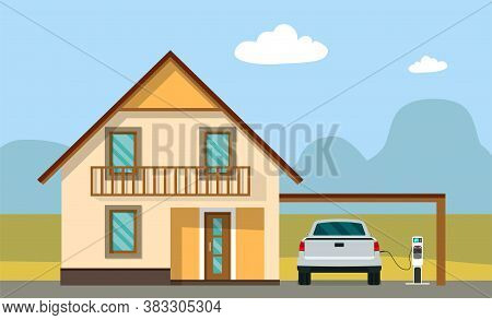 House And Electric Pickup Car On Charging Against The Background Of An Abstract Landscape. Vector Il