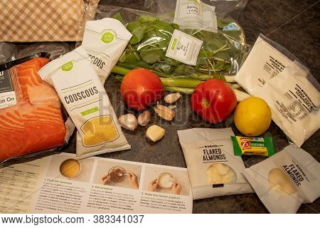 Sydney, Australia 2020-05-09 Hello Fresh Meal Kit And Recipe Card On A Kitchen Countertop.