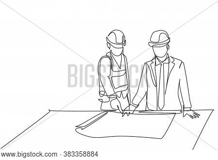 One Single Line Drawing Of Young Architect Explaining Sketch Construction Design To The Manager. Bui