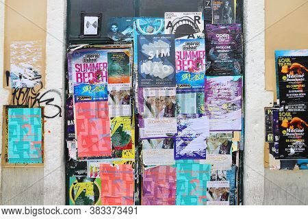 Lisbon, Portugal - June 6, 2018: Concert And Festival Posters Glued To A Gate In Lisbon, Portugal.