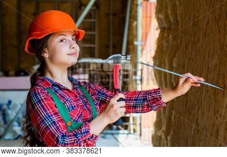 Best Repairer Ever. Learning To Use Hammer. Hammering. She Is Good Assistant. Kid Engineer With Carp
