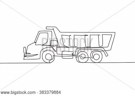 One Single Line Drawing Of Long Trailer Truck Vector Illustration. Container Truck For Cargo Logisti