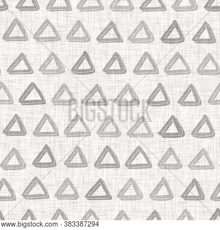 French Woven Linen Texture Geometric Shape Background. Old Ecru Flax Grey Geo Motif Seamless Pattern