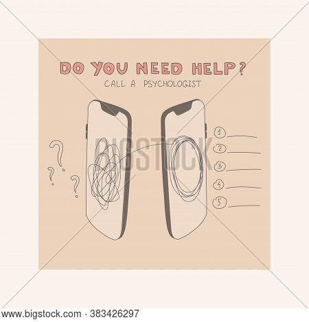 Psychological Health. Psychological Help Online Counseling Concept. Two Smartphones With Icons Of Va