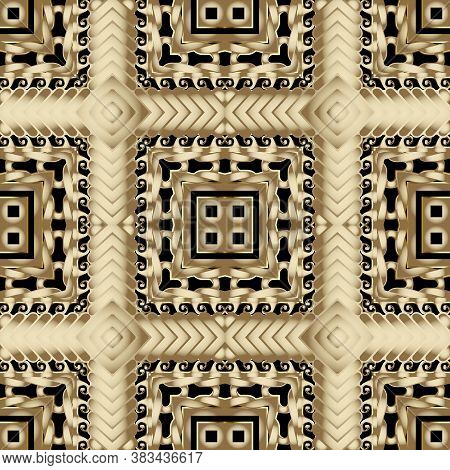 Knotted Gold 3d Vector Seamless Pattern. Plaid Textured Zig Zag Background. Repeat Tartan Backdrop. 